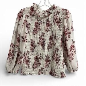 Express Floral Smocked Body Blouse Size Medium White Red Sheer Sleeves Ruffles